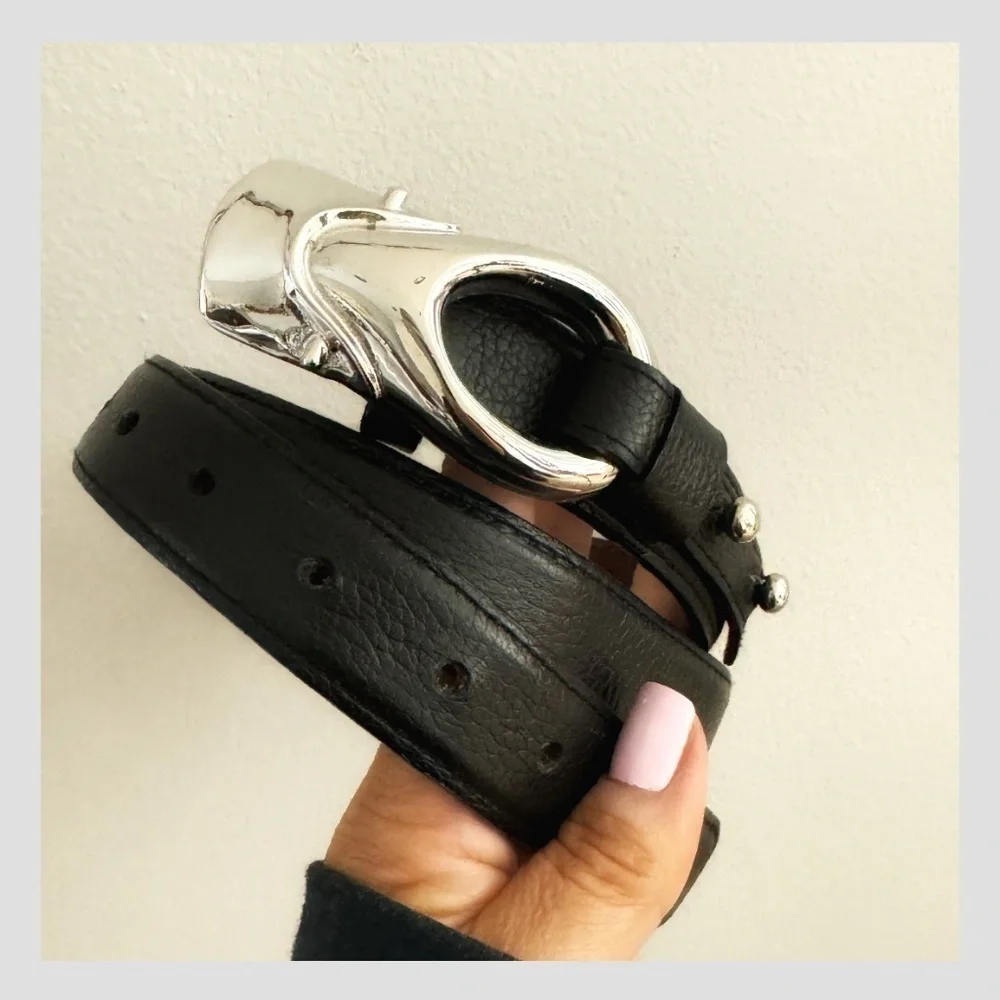 Brian Toohey Pebbled Leather Belt Black Silver Hardware Buckle Size Small 30/34